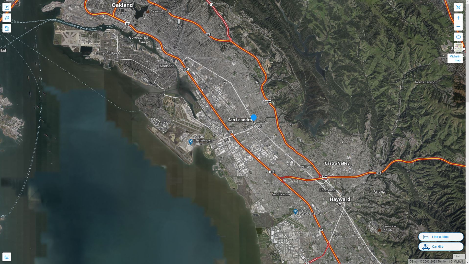 San Leandro California Highway and Road Map with Satellite View